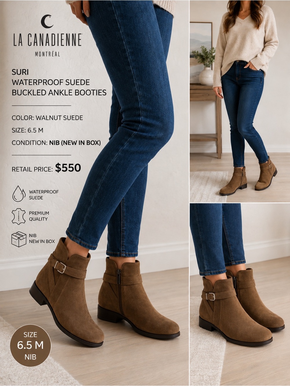 La Canadienne Suri Waterproof Suede Buckled Ankle Booties Walnut 6.5 M NIB